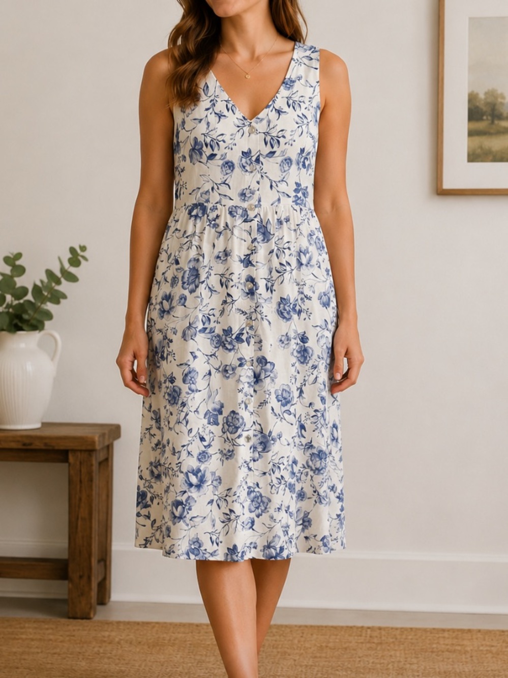 Cynthia Rowley 100% Linen Floral Midi Dress with Blue Floral Print